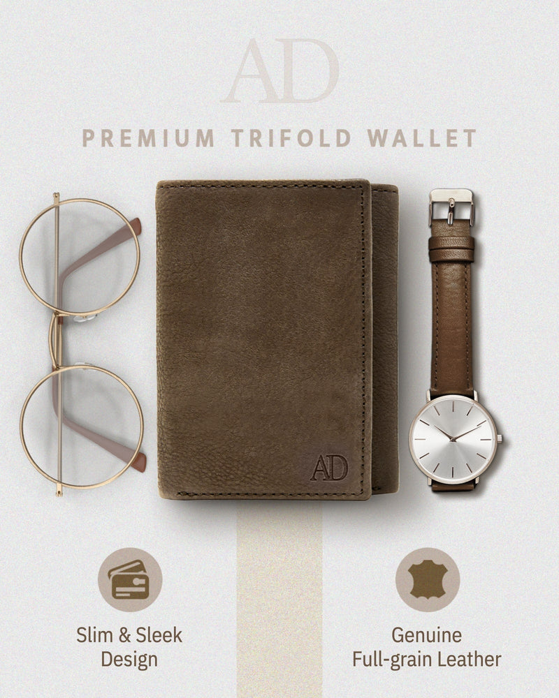 Genuine Leather Trifold Wallet – ID Window, 7 Card Slots, RFID Blocking