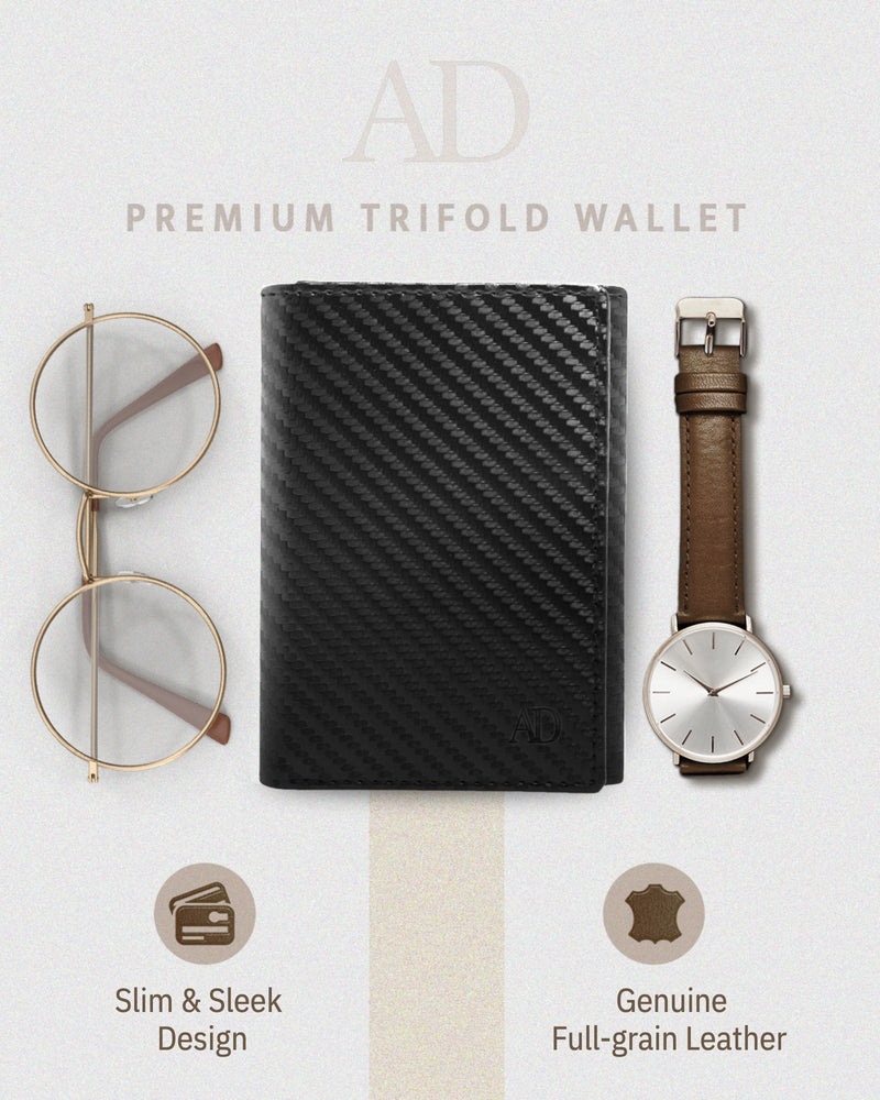 Genuine Leather Trifold Wallet – ID Window, 7 Card Slots, RFID Blocking