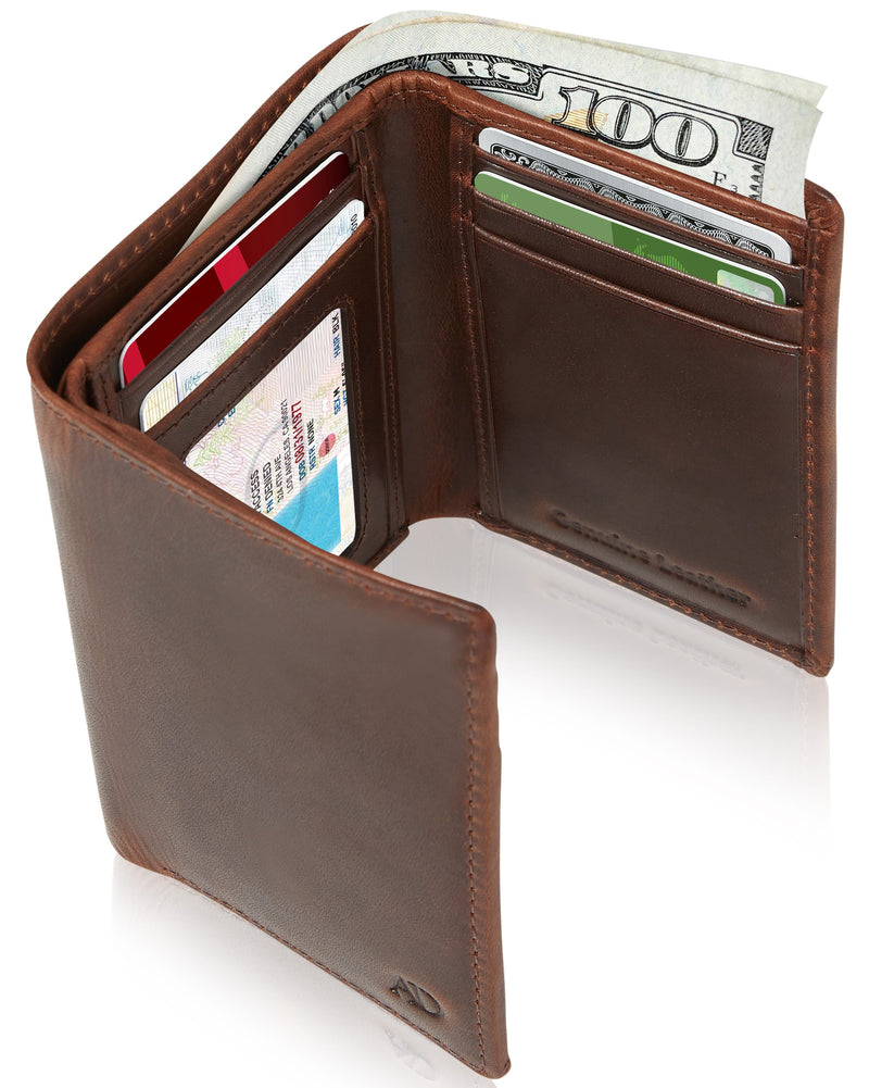 Genuine Leather Trifold Wallet – ID Window, 7 Card Slots, RFID Blocking