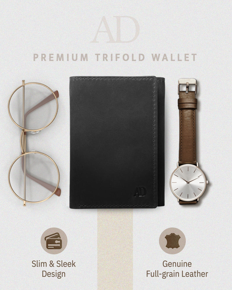 Genuine Leather Trifold Wallet – ID Window, 7 Card Slots, RFID Blocking