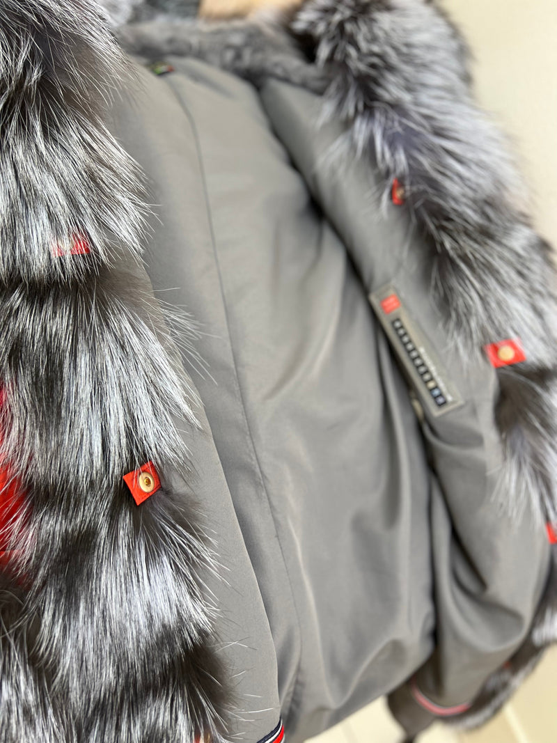 Roma Genuine Silver Fox Fur Rabbit Fur Insulated Parka in Red