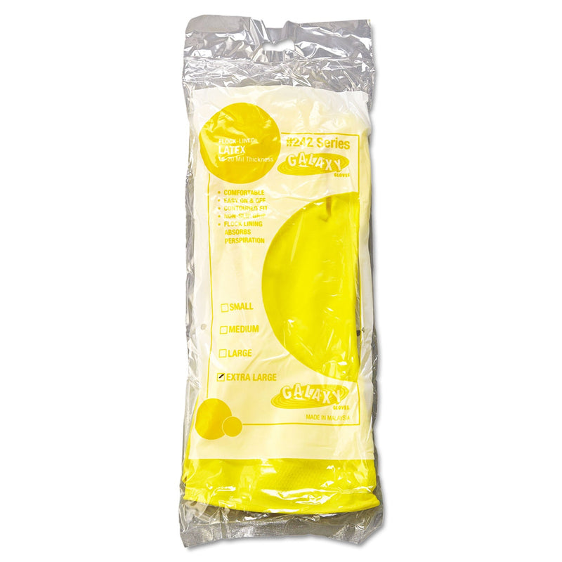 Boardwalk Flock-Lined Latex Cleaning Gloves, X-Large, Yellow, 12 Pairs