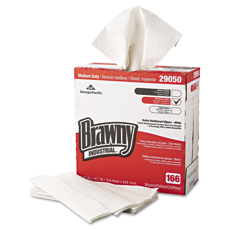 Brawny Medium Duty Scrim Reinforced Wipers, 4-Ply, 9.25 x 16.69, White, 166/Box, 5 Boxes/Carton