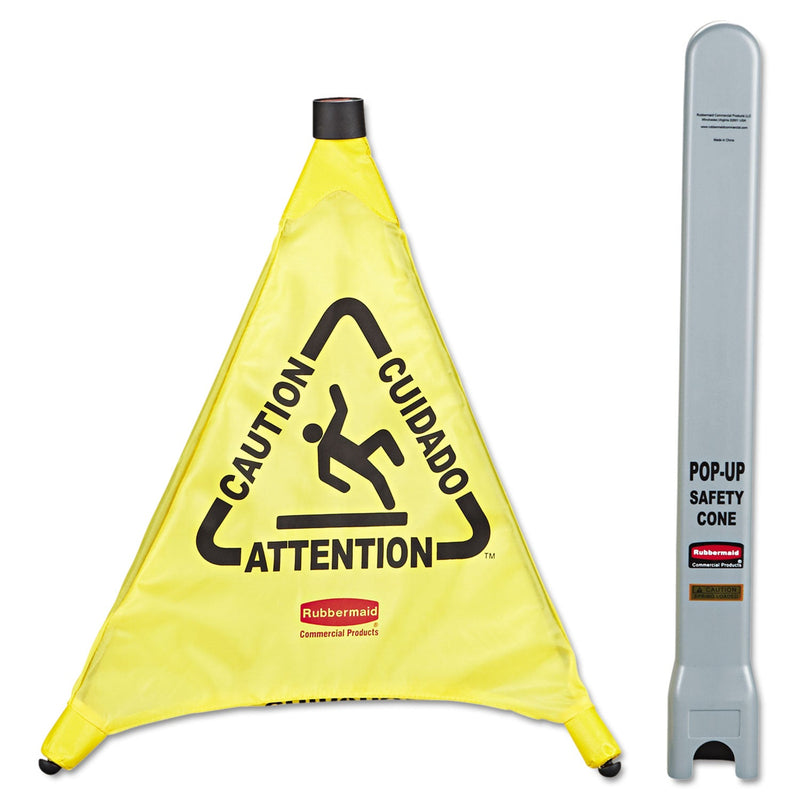 Rubbermaid Multilingual Pop-Up Safety Cone, 3-Sided, Fabric, 21 x 21 x 20, Yellow