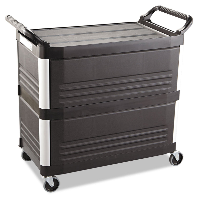Rubbermaid Xtra Utility Cart with Enclosed Back/End Panels, Plastic, 3 Shelves, 300 lb Capacity, 20" x 40.63" x 37.8", Black