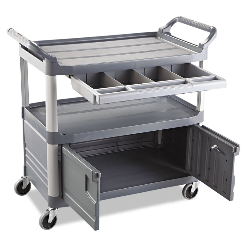 Rubbermaid Xtra Instrument Cart with Locking Storage Area, Plastic, 3 Shelves, 300 lb Capacity, 20" x 40.63" x 37.8", Gray