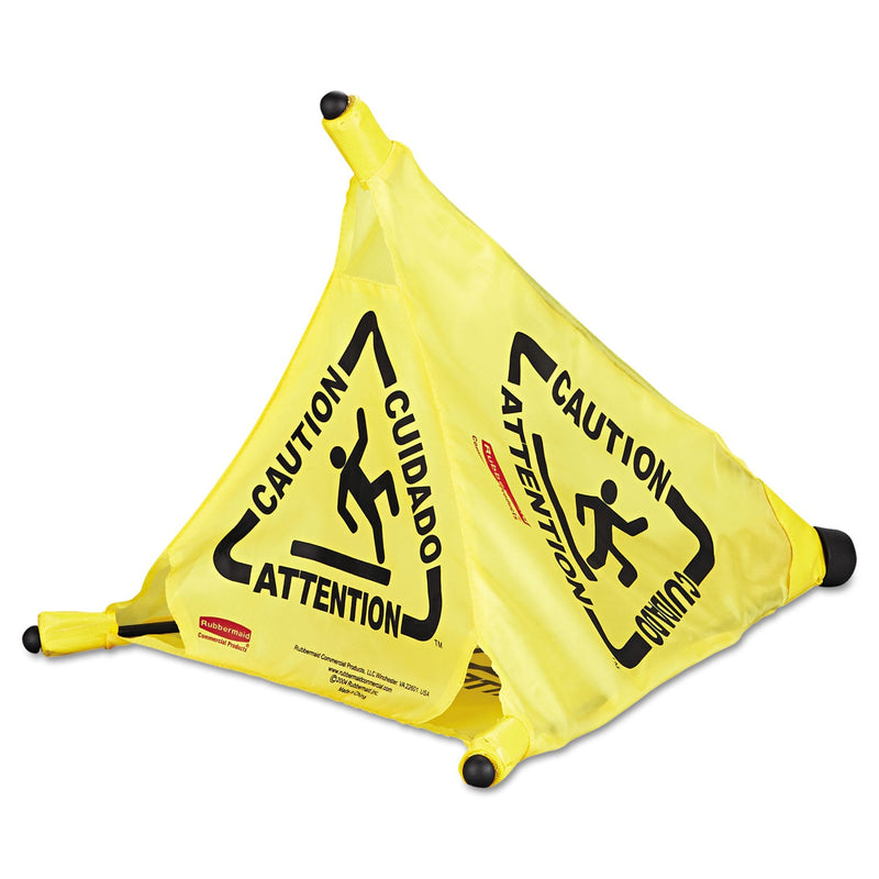Rubbermaid Multilingual Pop-Up Safety Cone, 3-Sided, Fabric, 21 x 21 x 20, Yellow