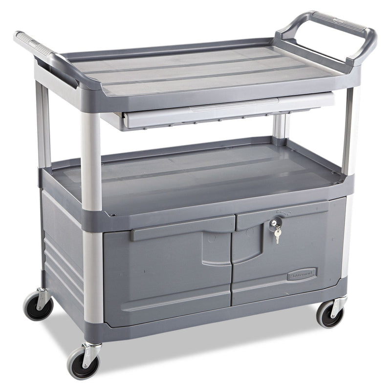 Rubbermaid Xtra Instrument Cart with Locking Storage Area, Plastic, 3 Shelves, 300 lb Capacity, 20" x 40.63" x 37.8", Gray