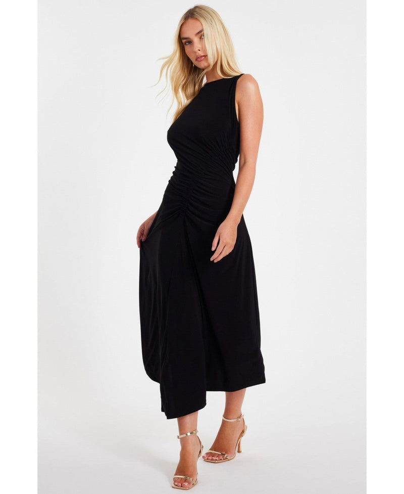 Quiz Womens Ity Ruched Detail MIDI Dress - Black, Size 14
