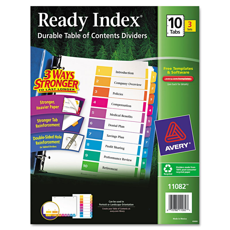 Avery Customizable Table of Contents Ready Index Dividers with Multicolor Tabs, 10-Tab, 1 to 10, 11 x 8.5, White, 3 Sets