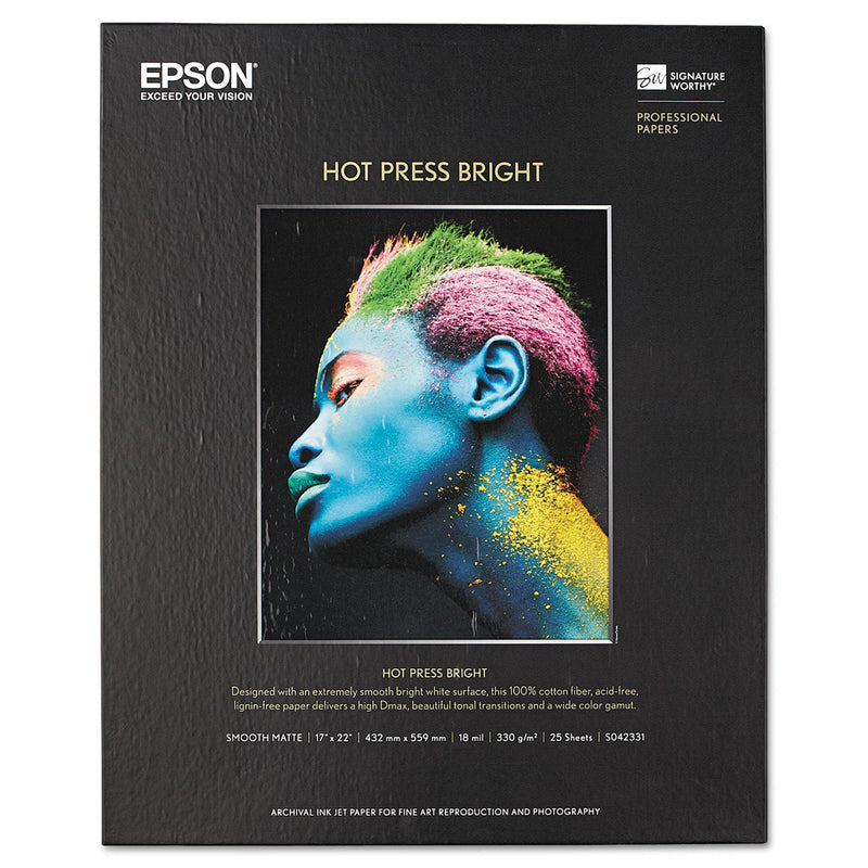Epson Hot Press Bright Fine Art Paper, 17 mil, 17 x 22, Smooth Matte White, 25/Pack