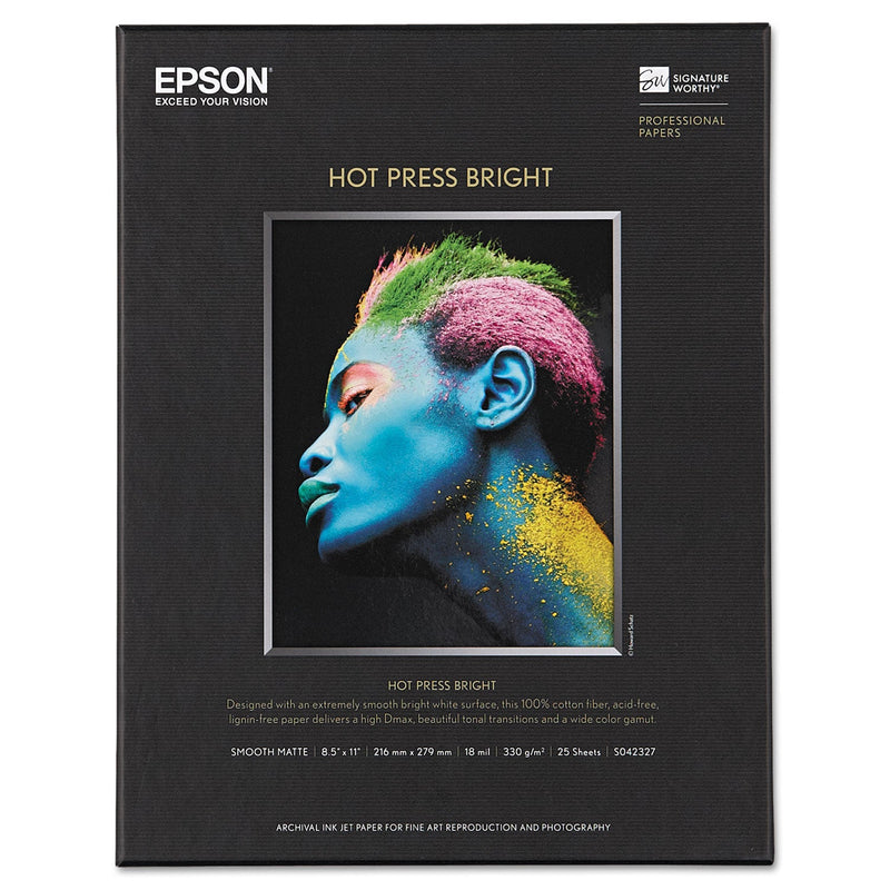 Epson Hot Press Bright Fine Art Paper, 17 mil, 8.5 x 11, Smooth Matte White, 25/Pack