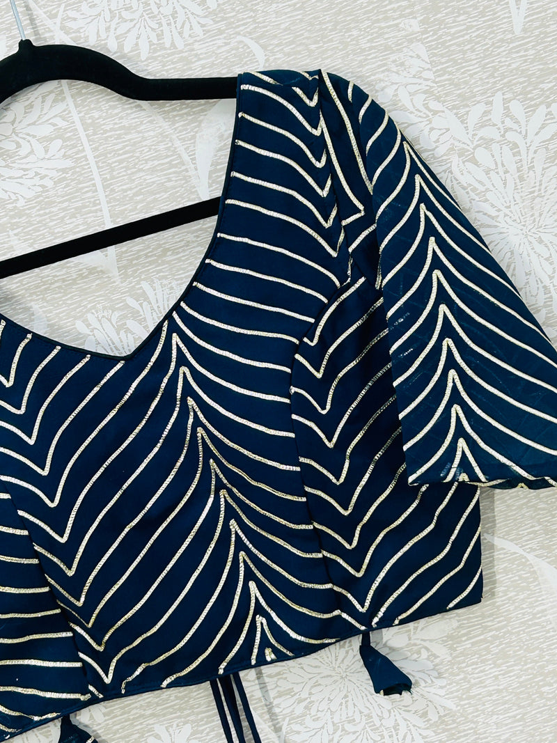 Dark blue chiffon blouse with goat Patti work