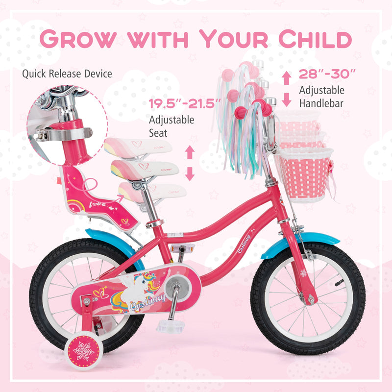 14 Inch Girls Bike for 3-5 Years Old Kids Bike with Doll Seat and Training Wheels