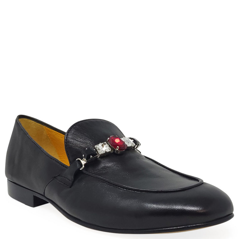 Black Leather Jeweled Loafer