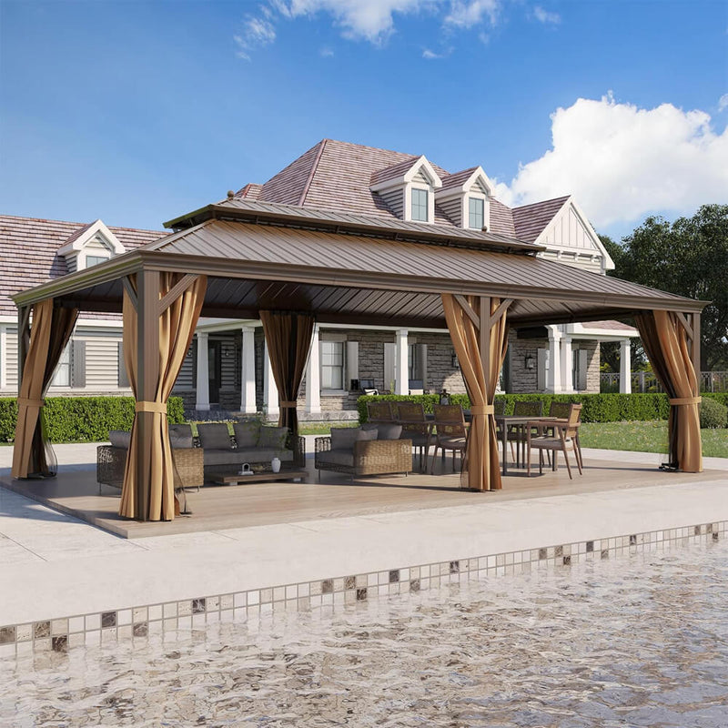 [14X24FT] Alora Heavy-Duty Aluminum Galvanized Steel Double Roof Hardtop Gazebo With Netting And Curtains (SAK41853)