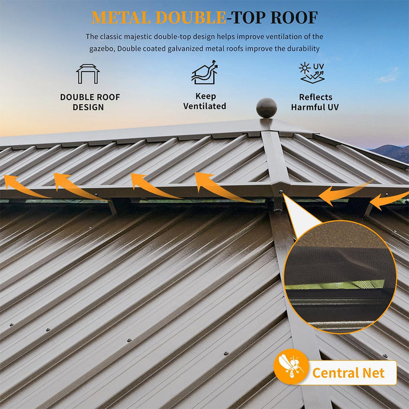 [14X24FT] Alora Heavy-Duty Aluminum Galvanized Steel Double Roof Hardtop Gazebo With Netting And Curtains (SAK41853)