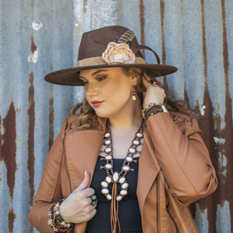 Leather Hat Band w/ Silk Flower & Feathers-Blush (Band Only) 953a