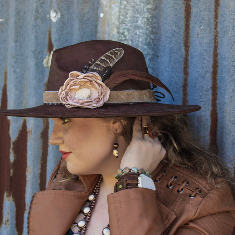 Leather Hat Band w/ Silk Flower & Feathers-Blush (Band Only) 953a