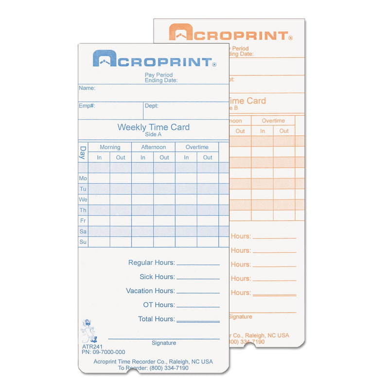 Acroprint Time Clock Cards for Acroprint ATR240/ATR360, Two Sides, 3.5 x 7.25, 250/Pack