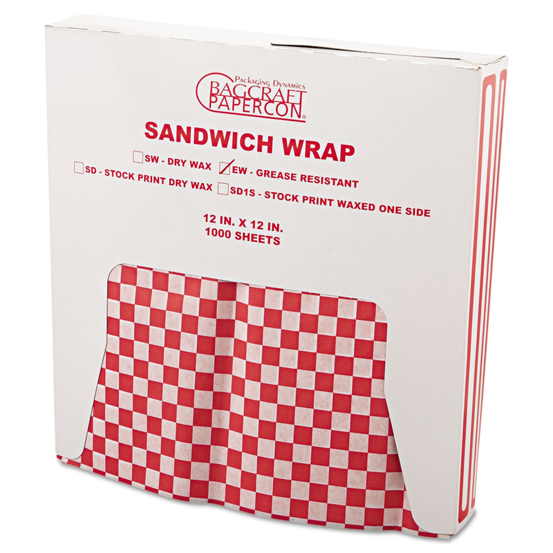 Bagcraft Grease-Resistant Paper Wraps and Liners, 12 x 12, Red Check, 1,000/Box, 5 Boxes/Carton