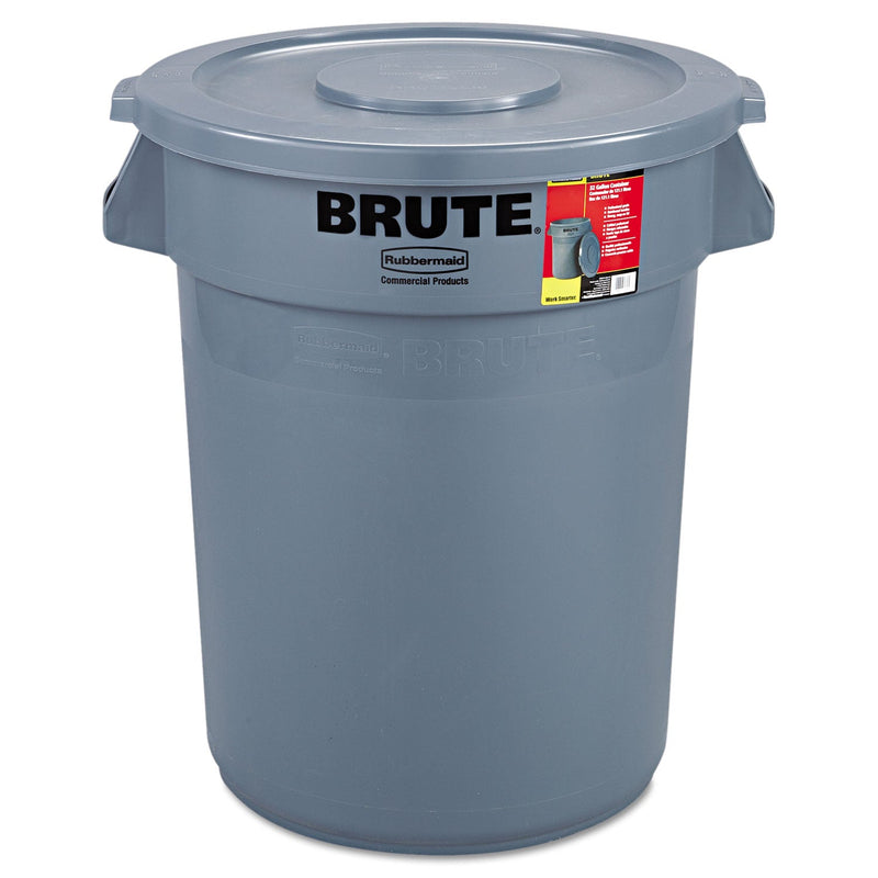 Rubbermaid Brute Container with Lid, Round, Plastic, 32 gal, Gray