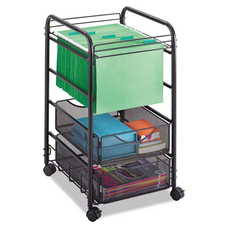 Safco Onyx Mesh Open Mobile File with Drawers, Metal, 2 Drawers, 1 Bin, 15.75" x 17" x 27", Black