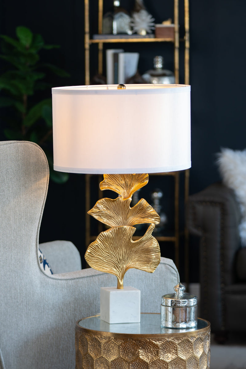 Gold Ginkgo Leaf Table Lamp with Marble Base and White Drum Shade