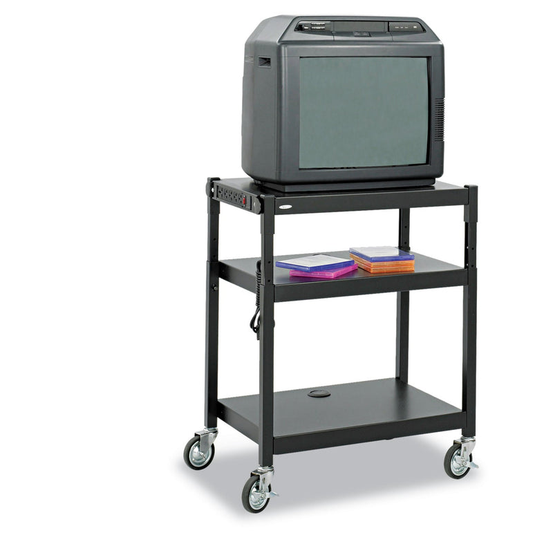 Safco Adjustable-Height Steel AV Cart, Metal, 3 Shelves, (5) AC Outlets, 120 lb Capacity, 27.25" x 18.25" x 36.5", Black