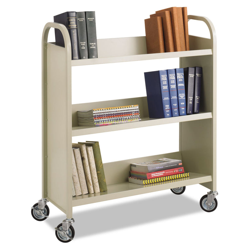 Safco Steel Single-Sided Book Cart, Metal, 3 Shelves, 300 lb Capacity, 36" x 14.5" x 43.5", Sand