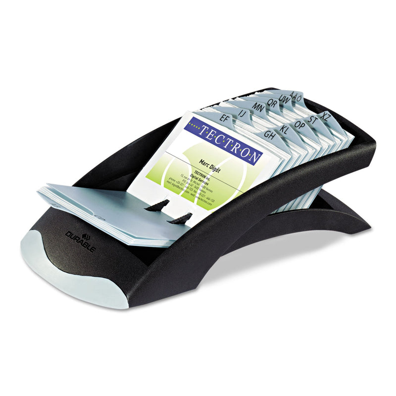 Durable VISIFIX Desk Business Card File, Holds 200 2.88 x 4.13 Cards, 5 x 9.31 x 3.56, Plastic, Graphite/Black