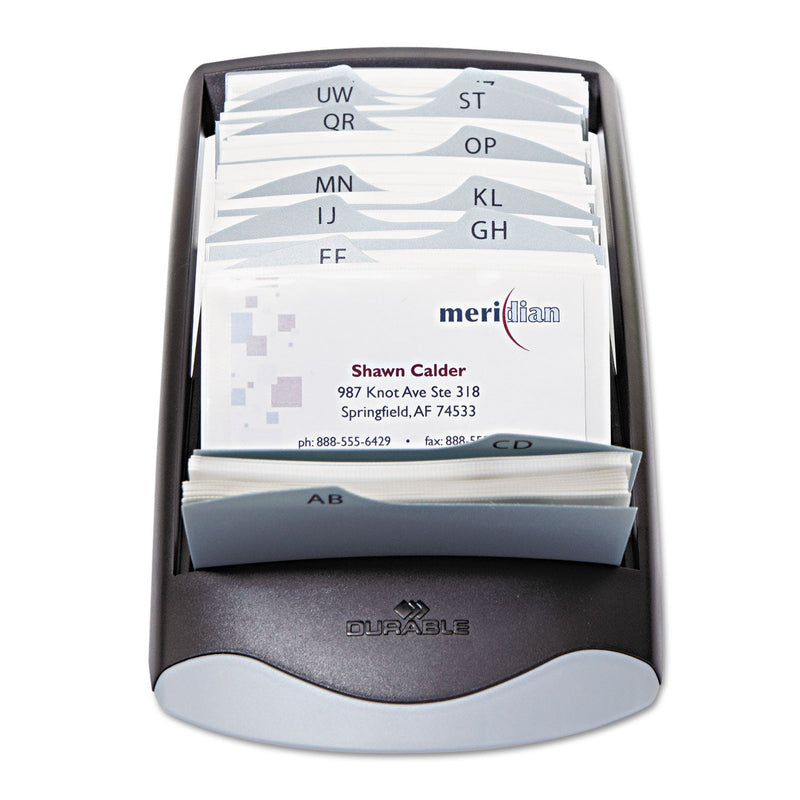 Durable VISIFIX Desk Business Card File, Holds 200 2.88 x 4.13 Cards, 5 x 9.31 x 3.56, Plastic, Graphite/Black