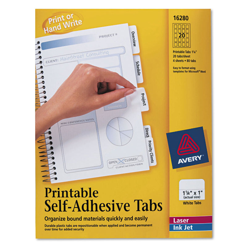 Avery Printable Plastic Tabs with Repositionable Adhesive, 1/5-Cut, White, 1.25" Wide, 96/Pack