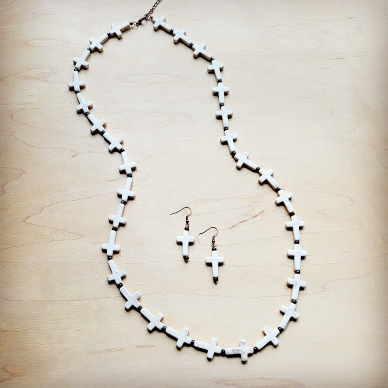 **White Turquoise & Wood Beaded Cross Necklace 258o