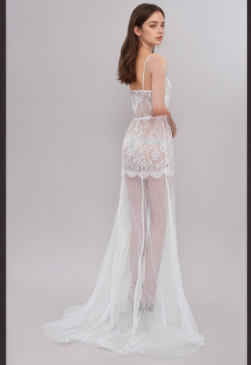 Ethereal Lace Sheer Long Robe with Flowing Train – Elegant Bridal Boudoir Gown