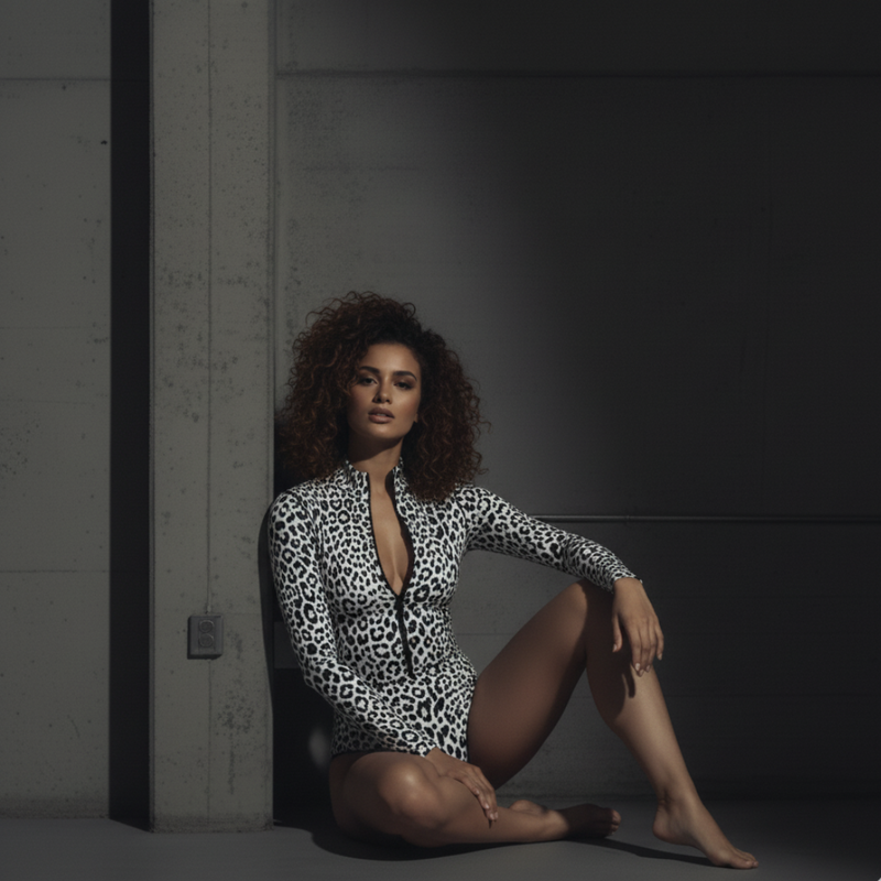 Zipper Swimsuit with Sleeves / Bodysuit / WHITE LEO