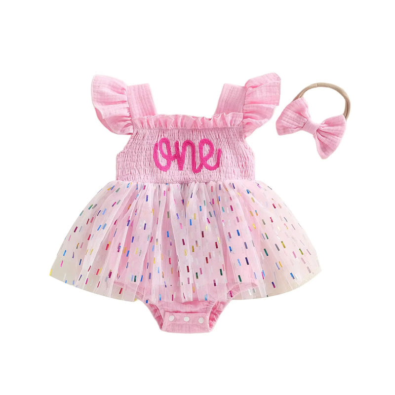 Girls And Infants Mesh Romper With A Tulle Skirt And Bow