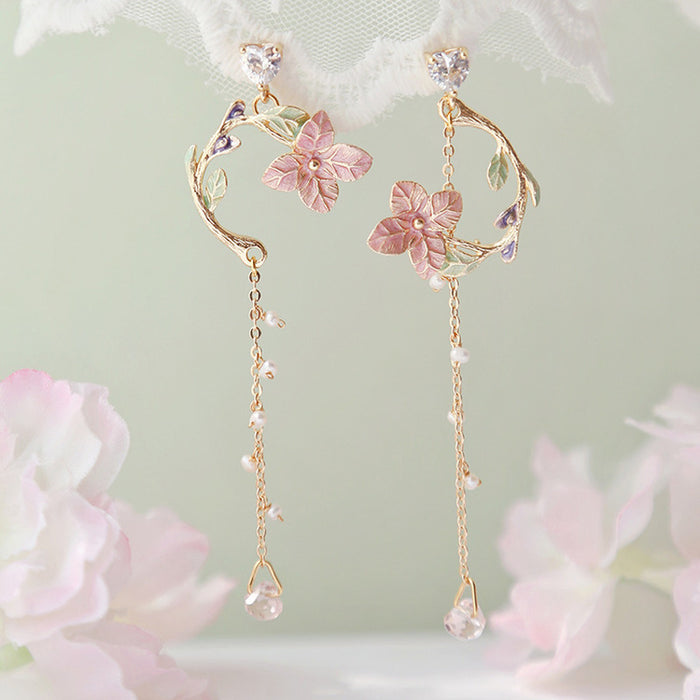 Flower Long Earrings Wild Red Rose Flower Long Rhinestone Tassel Earrings Earrings