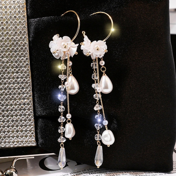 Flower Long Earrings Wild Red Rose Flower Long Rhinestone Tassel Earrings Earrings