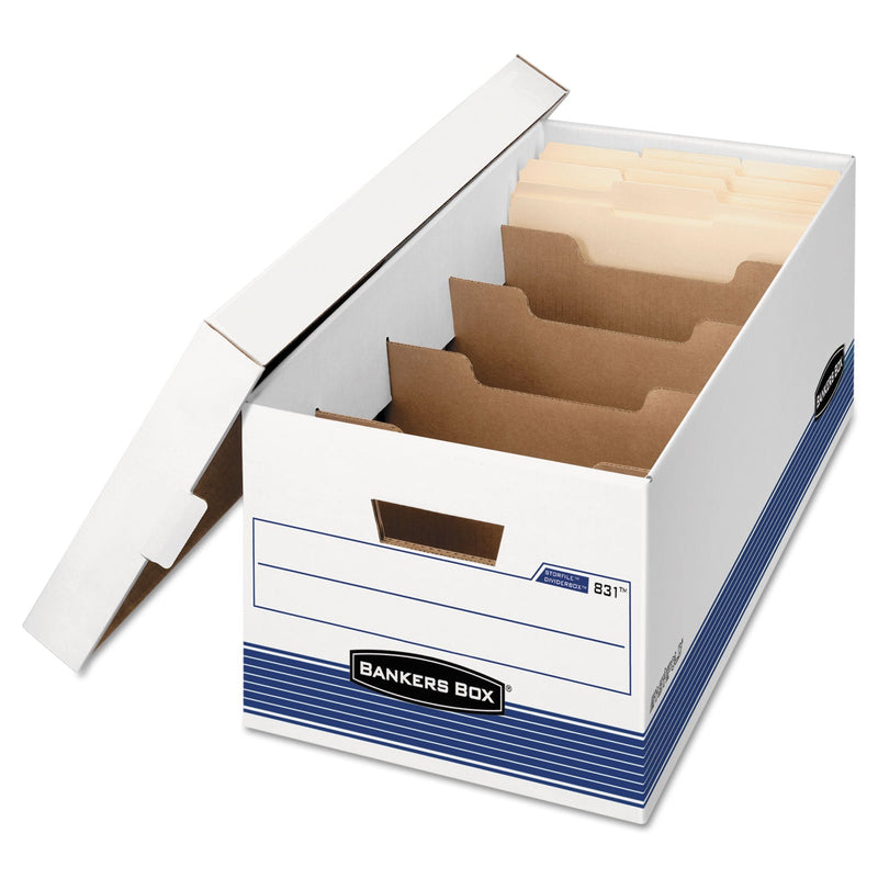 Bankers Box STOR/FILE Medium-Duty Storage Boxes with Dividers, Letter Files, 12.88" x 25.38" x 10.25", White/Blue, 12/Carton