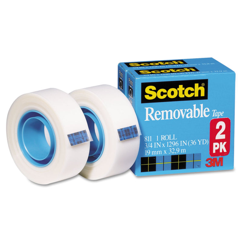 Scotch Removable Tape, 1" Core, 0.75" x 36 yds, Transparent, 2/Pack