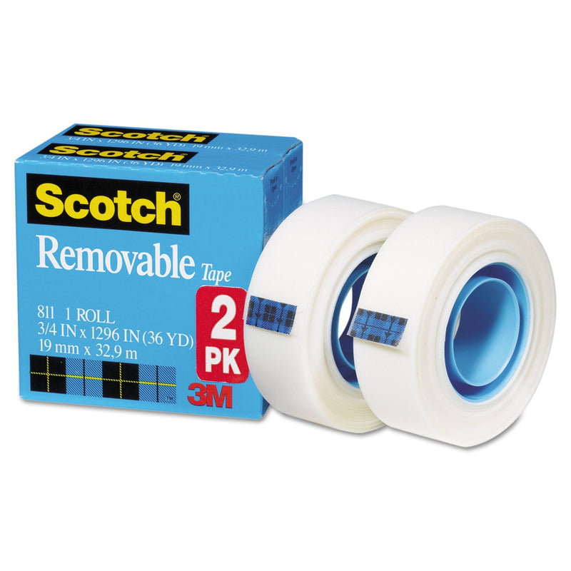 Scotch Removable Tape, 1" Core, 0.75" x 36 yds, Transparent, 2/Pack