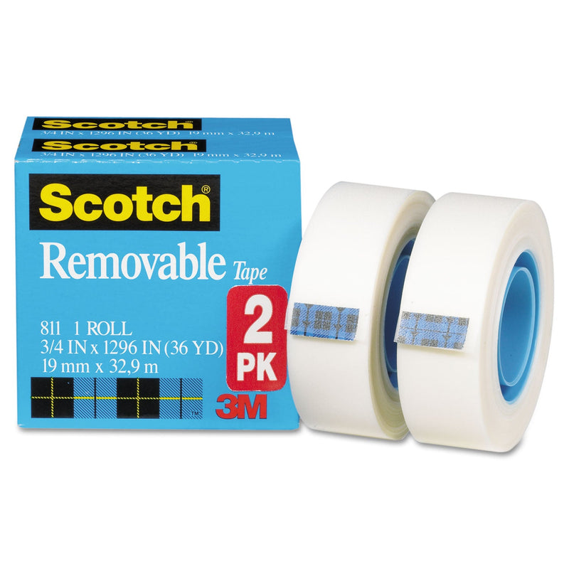 Scotch Removable Tape, 1" Core, 0.75" x 36 yds, Transparent, 2/Pack