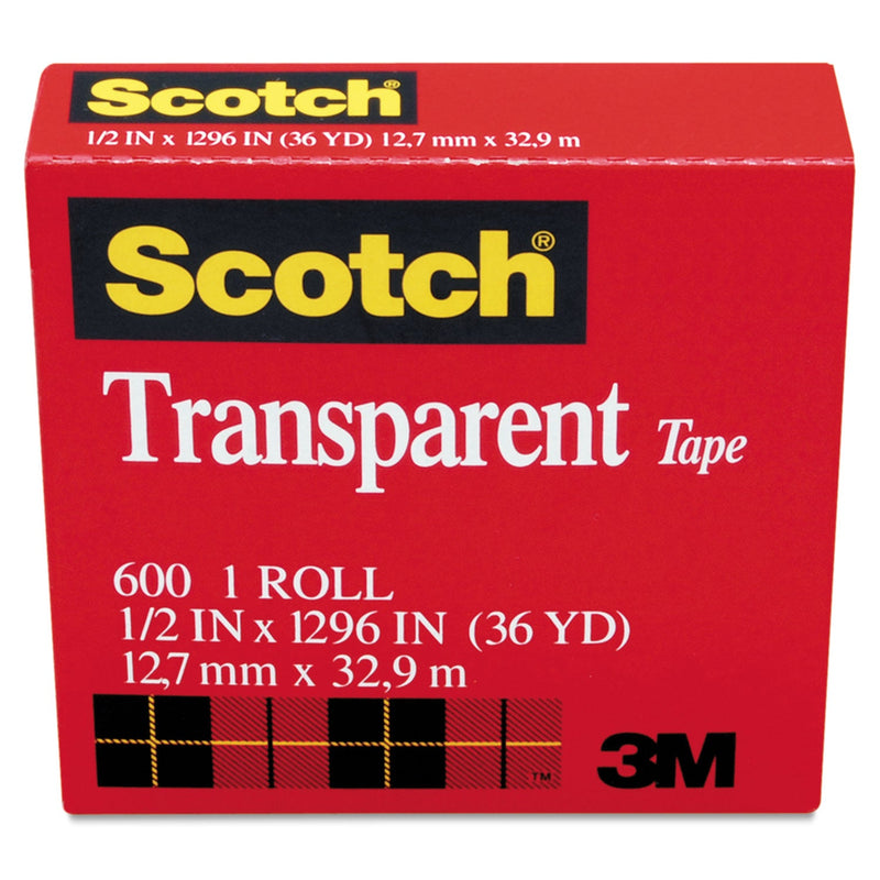 Scotch Transparent Tape, 1" Core, 0.5" x 36 yds, Transparent
