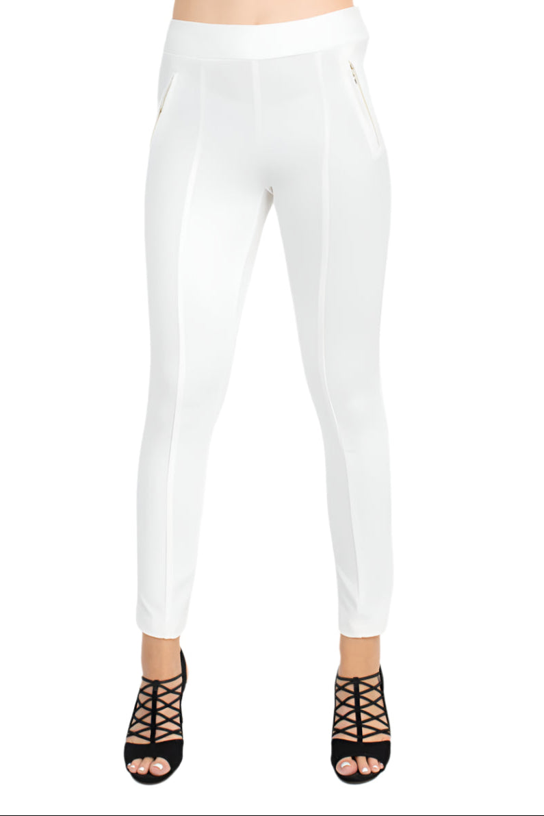 Soho Mid Waist Pull-On Skinny Zipper Front Solid Crepe Pant