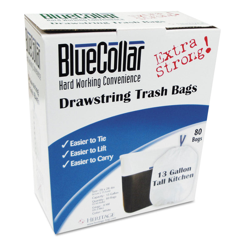 BlueCollar Drawstring Trash Bags, 13 gal, 0.8 mil, 24" x 28", White, 80/Box