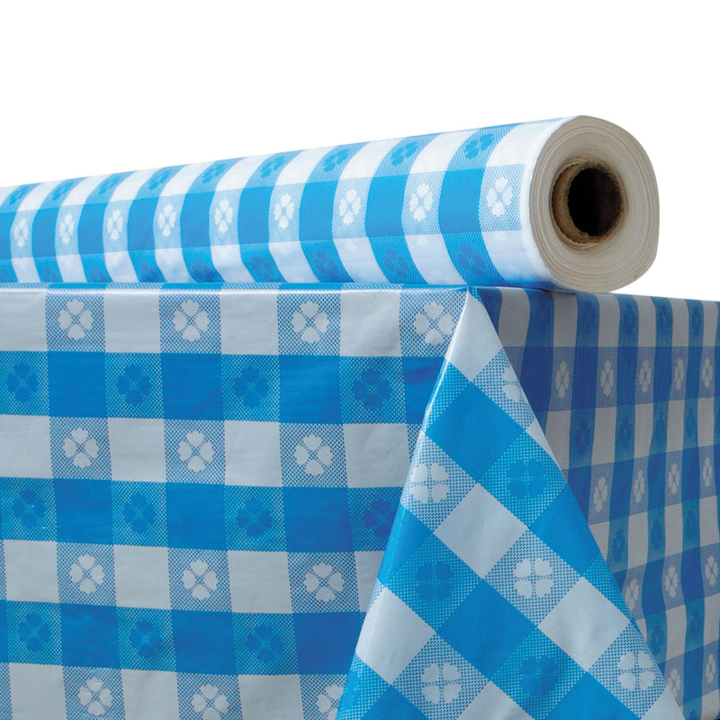 Atlantis Plastics Plastic Table Cover, 40" x 300 ft Roll, Blue Gingham