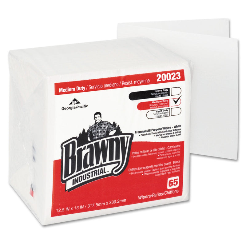 Brawny Medium Duty Premium DRC 1/4 Fold Wipers, 13 x 12.5, White, 65/Pack