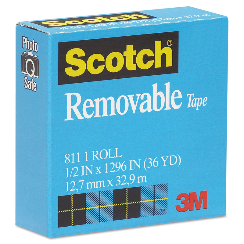 Scotch Removable Tape, 1" Core, 0.5" x 36 yds, Transparent
