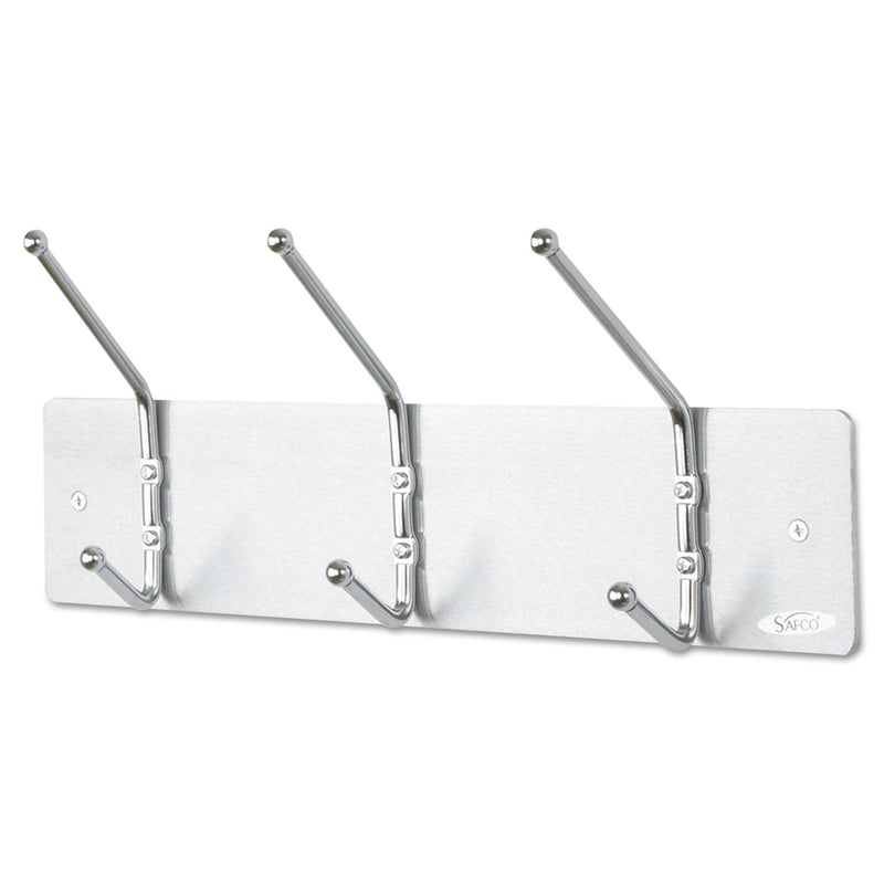 Safco Metal Wall Rack, Three Ball-Tipped Double-Hooks, Metal, 18w x 3.75d x 7h, Satin